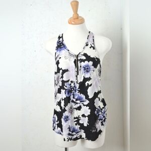 Dynamite | Black ,purple & white flower tank top with front zipper details